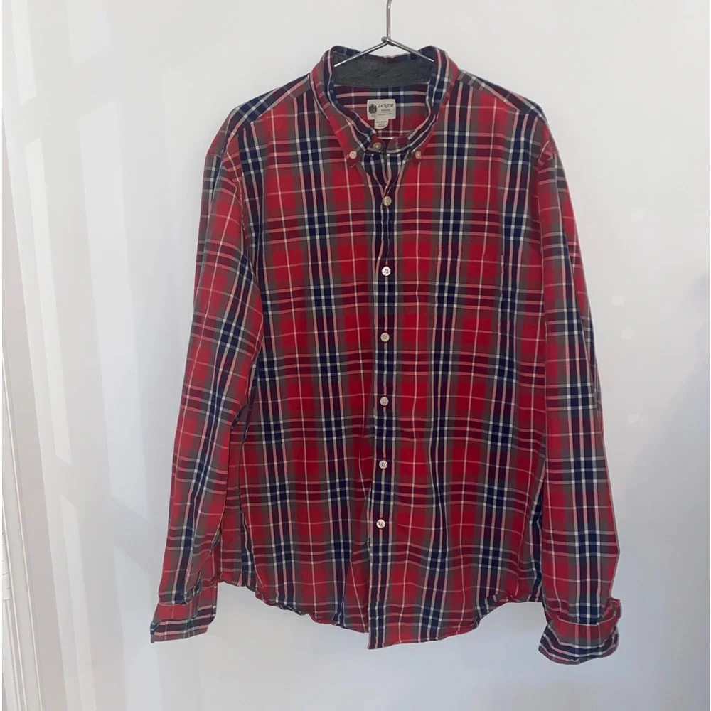 J.Crew Men’s Chapman Washed Tartan Plaid Button-Down Shirt | Red Blue Cotton XL